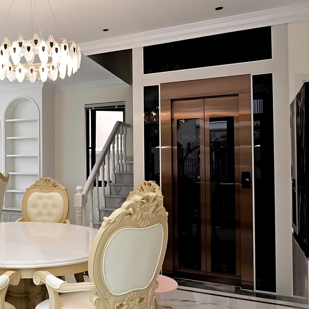 Thang máy gia đình cửa inox đồng trong phòng khách biệt thự tân cổ điển